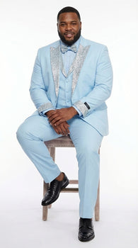Men’s Light Blue Suit with Silver Glitter Lapel – Light Blue Formal Tuxedo Suit for Prom, Wedding and Special Occasion Wear in Sky Baby Blue
