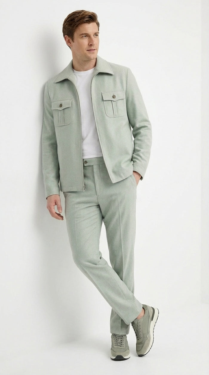 Mens Sage Green Walking Suit Set – Casual Safari Military Jacket and Pants Outfit for Travel