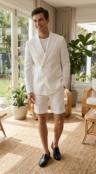 Men’s White Summer Suit with Shorts, 2 Piece Linen Style Wedding Beach Short Suit Set double breasted style