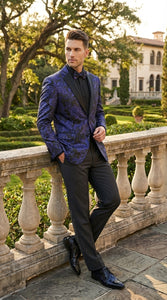 Mens Blue Paisley Jacquard Blazer – Luxury Pattern Tuxedo Dinner Jacket with Black Satin Lapel for Wedding, Prom With Bowtie