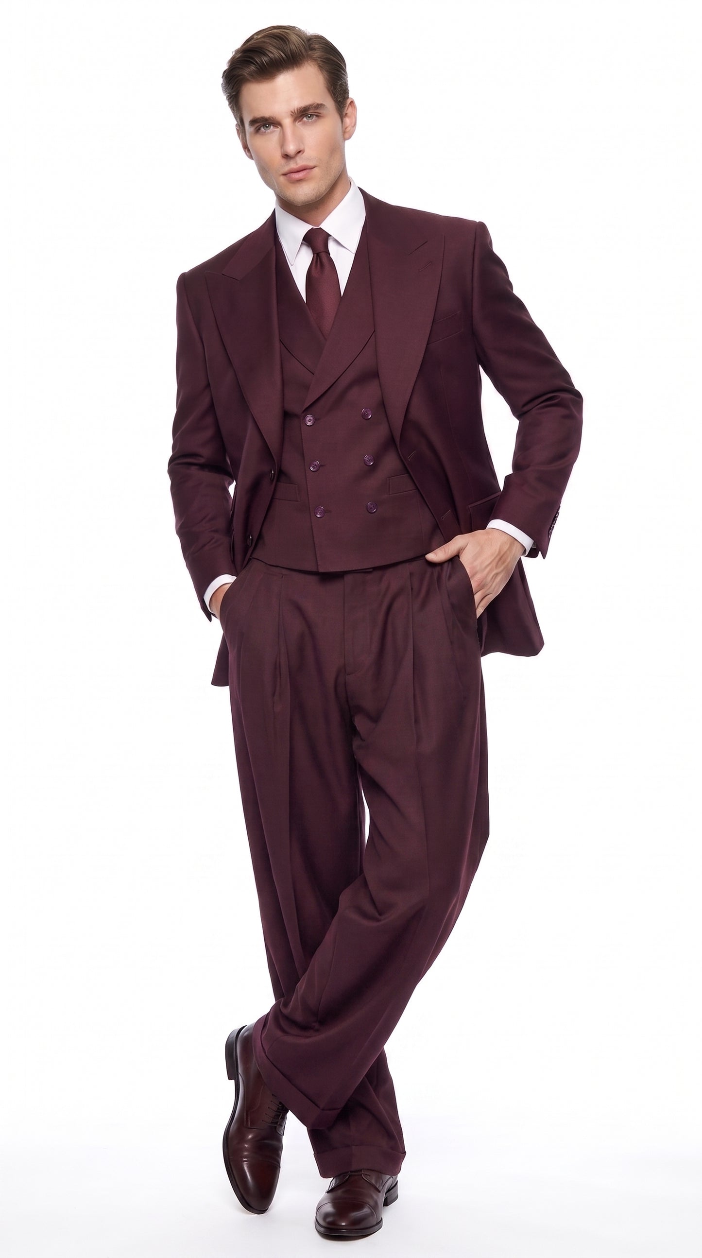 Tiglio Rosso Men’s Burgundy Wool Suit – Classic Fit Big Lapel Suit with Wide Leg Pleated Pants & Side Vents