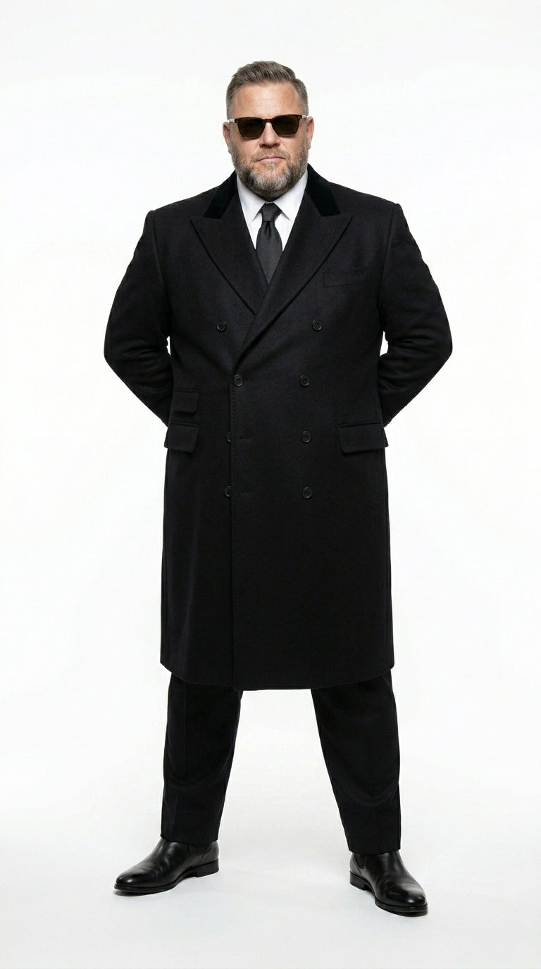 Men’s Black Double Breasted Overcoat, James Bond Inspired Long Formal Coat for Weddings, Business Events, Parties, and Winter Occasions
