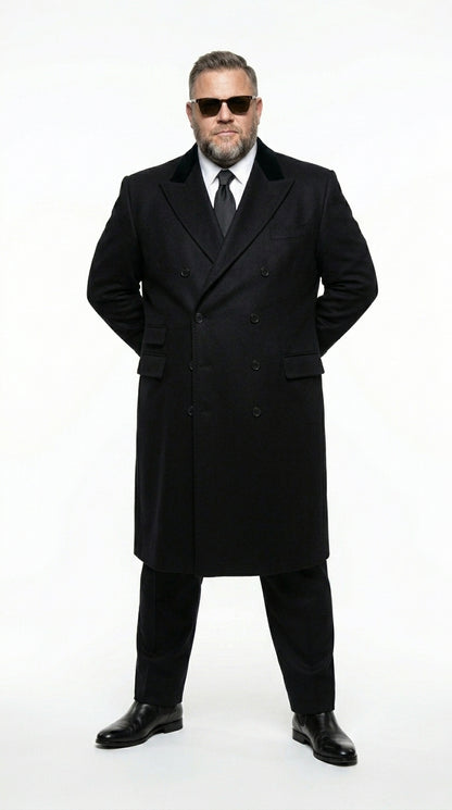 Men’s Black Double Breasted Overcoat, James Bond Inspired Long Formal Coat for Weddings, Business Events, Parties, and Winter Occasions