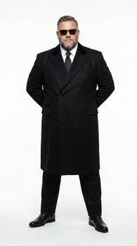 Men’s Black Double Breasted Overcoat, James Bond Inspired Long Formal Coat for Weddings, Business Events, Parties, and Winter Occasions