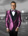 Mens Vested One Button Shawl Tuxedo in Geometric Chain Print in Fuschia