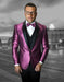 Mens Vested One Button Shawl Tuxedo in Geometric Chain Print in Fuschia