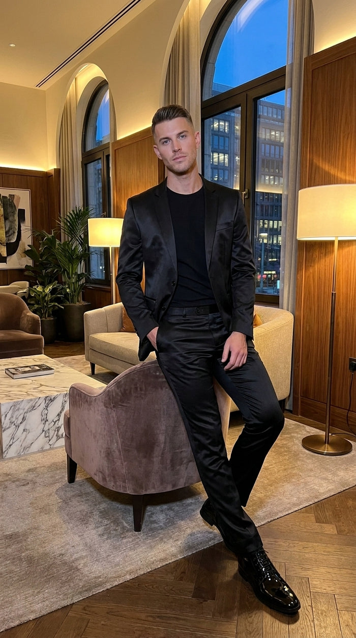 Men’s Black Shiny Sharkskin 2 Piece Suit, Formal Wedding Prom Party Dress Suit  Modern Fit
