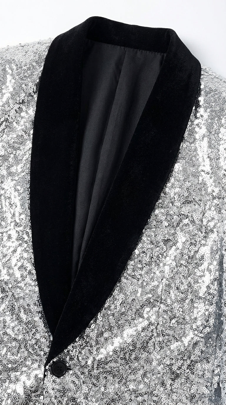Men’s Silver Sequin Blazer Disco Style Jacket – Black Lapel Party Blazer, Shiny Evening Wear, 70s Dance Outfit, Formal Event Jacket