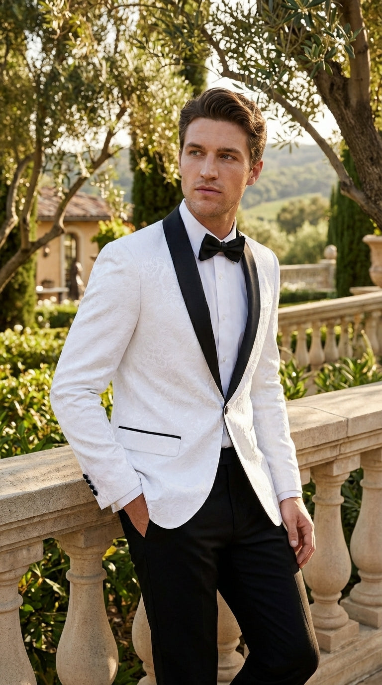 Men’s White Dinner Jacket Disco Blazer 1980s Sequin Style Jacket – Black Lapel Party Blazer, Formal Masquerade Club Wear Paisley Fabric + Bowtie