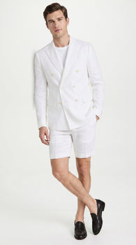 Men’s White Summer Suit with Shorts, 2 Piece Linen Style Wedding Beach Short Suit Set double breasted style