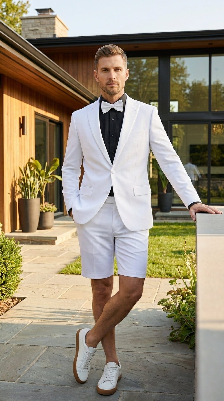 Men’s White Tuxedo Suit with Shorts – Modern Formal Blazer and Short Pants Set for Wedding, Prom Summer Fabric