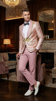Men’s Rose Gold Pink Prom Tuxedo Suit – Slim Fit Paisley Pattern Formal Tuxedo Suit for Prom, Wedding and Special Events