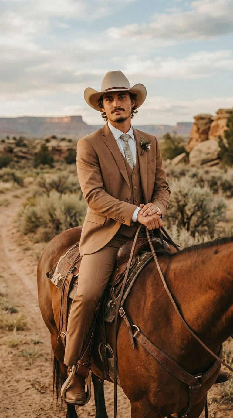 Mens Camel Brown Copper Western 3 Piece Suit – Classic Country Style Blazer Vest Pants Set, Formal Cowboy Suit Outfit