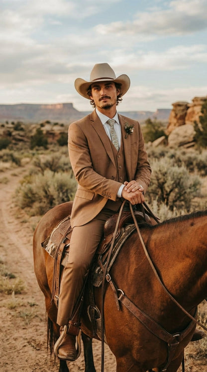 Mens Camel Brown Copper Western 3 Piece Suit – Classic Country Style Blazer Vest Pants Set, Formal Cowboy Suit Outfit