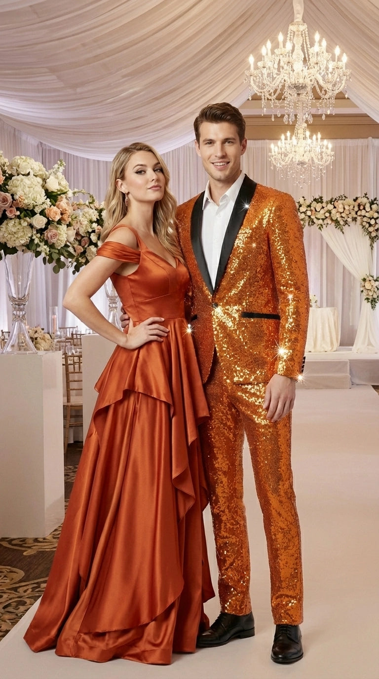 Mens Orange Sequin Tuxedo Suit – Shiny Wedding Suit Set with Black Lapel for Prom, Party, Gala and Formal Evening Wear - Goldish Orange
