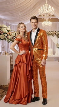 Mens Orange Sequin Tuxedo Suit – Shiny Wedding Suit Set with Black Lapel for Prom, Party, Gala and Formal Evening Wear - Goldish Orange