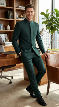 Men’s Olive Green Tuxedo Mandarin Collar Suit – Modern Nehru Style Formal Suit for Wedding Banded Collar