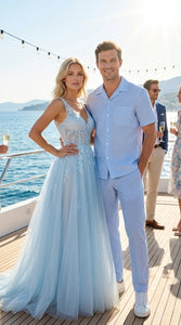 Mens Light Blue Seersucker Walking Suit Set – Casual Summer Short Sleeve Outfit with Matching Pants Lightweight Two Piece Set