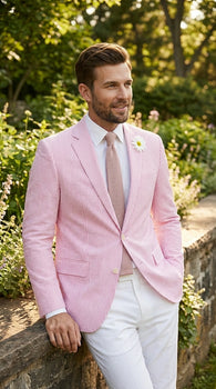 Mens Pink Seersucker Blazer – Lightweight Striped Summer Sport Coat Casual Smart Formal Jacket