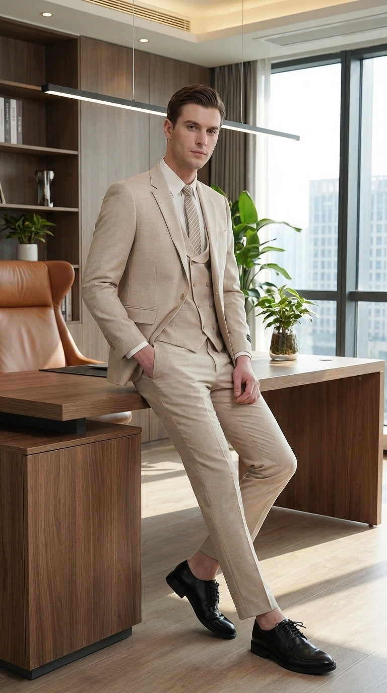 Mens Sand Beige 3 Piece Suit – Double breasted Vest Formal Suit Set  and Dress Pants in Champaign Natural Summer Color Modern Fit