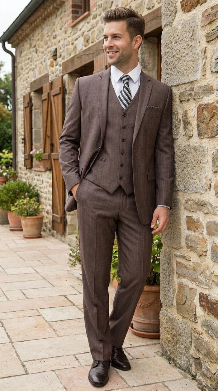 Men’s Brown Sharkskin 3 Piece Suit – Textured Two Button Vested Business Formal Suit for Wedding, Party Wear Vested Modern Fit
