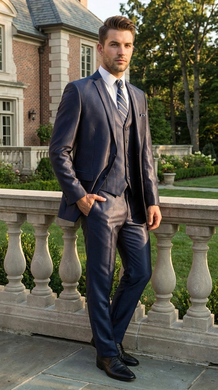 Men’s Navy Blue Sharkskin 3 Piece Suit – Two Button Vested Shiny Formal Suit for Wedding, Prom, Business and Party Wear Modern Fit