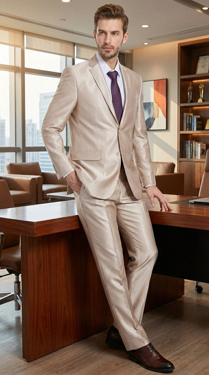 Men’s Champagne Tan Sharkskin 2 Button Suit – Shiny Formal Suit with Optional Vest for Wedding, Prom, Business Beige Color Modern Fit