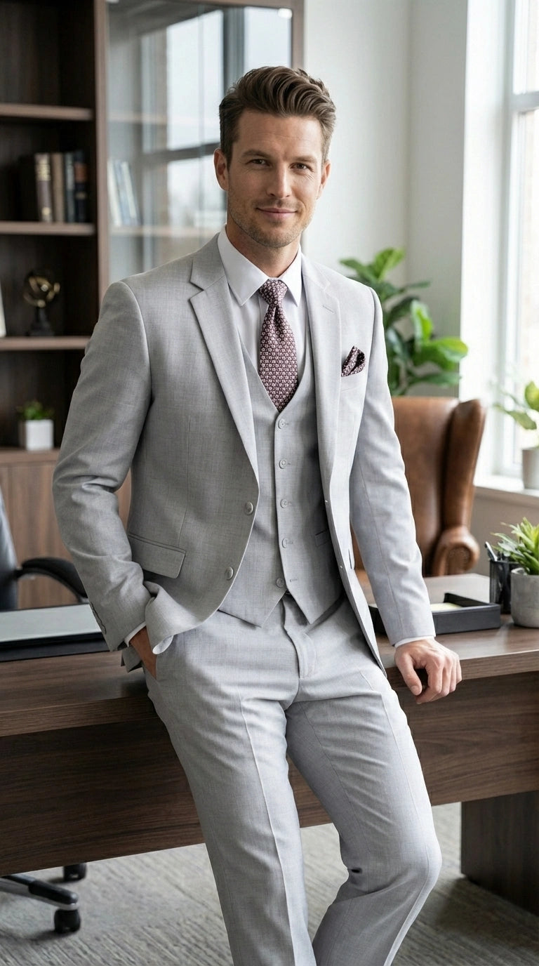 Men’s Light Grey Sharkskin 3 Piece Suit – Two Button Vested Modern Formal Business Suit for Wedding in silver Ice Gray Modern Fit