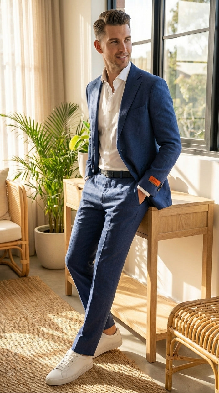 Mens Enzo Tovare Denim Blue Linen Summer Suit – Breathable Two Piece Suit for Wedding, Business, Travel Modern Fit