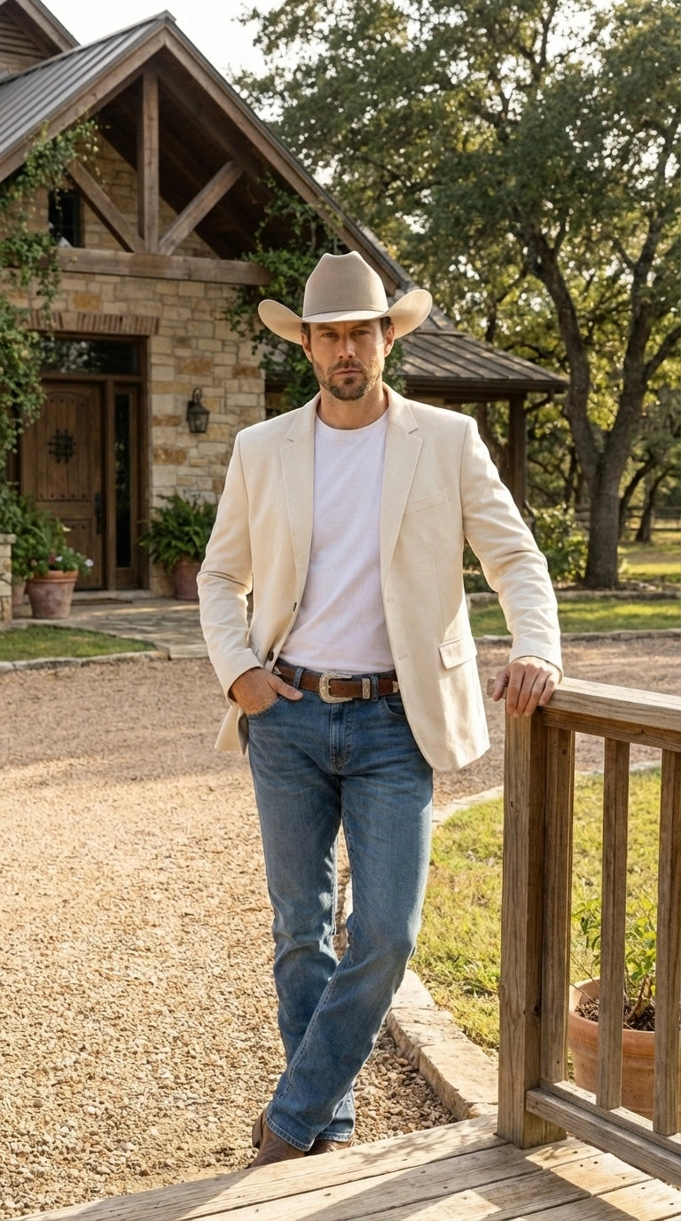 Men’s Off White Casual Blazer – Classic Western Style Lightweight Summer Cowboy Jacket Casual Ivory Cream Color