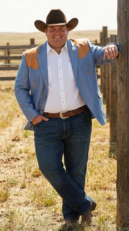 Men’s Sky Blue and Gold Western Cowboy Blazer – Classic Country Style Jacket, Retro in Steel Blue Color