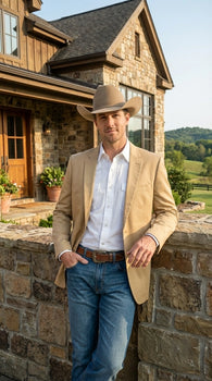 Men’s Tan Camel British Khaki Western Blazer – Two Button Classic Casual Sport Coat - Ranch Country Coat