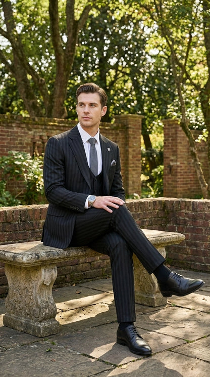 Men’s Black Pinstripe 3 Piece Suit – Vested Formal Business Suit for Wedding, Office, Prom and Party Wear Modern Fit
