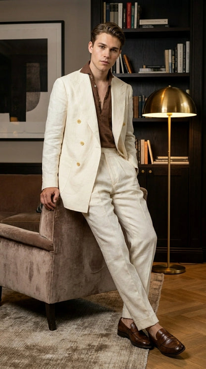 Men’s Off White 70s Style Double Breasted Suit – Vintage Retro Wide Lapel Classic Outfit for Party, Wedding and Casual Fashion Wear