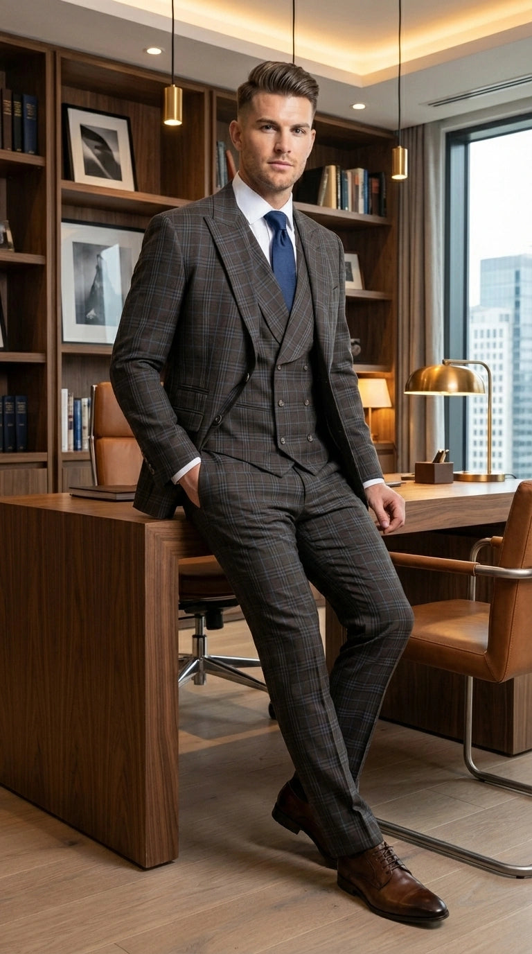 Vitali Men’s Brown Grey with blue Check 3 Piece Suit – Classic Plaid Formal Suit Set with Blazer, Vest & Trousers, Business Wedding Party Wear for Men Modern Fit