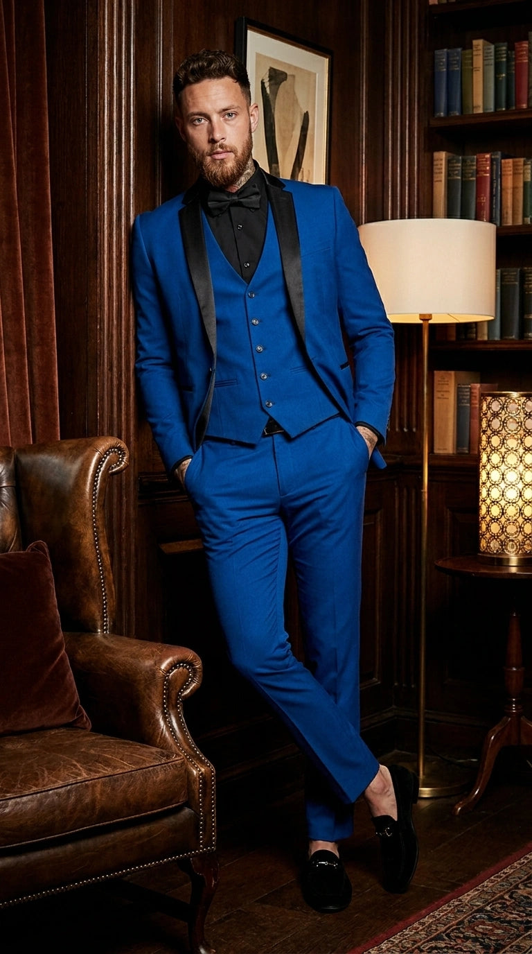 Men’s Royal Blue 3 Piece Suit with Black Lapel – Modern Formal Suit for Wedding, Prom and Party Wear Modern Fit