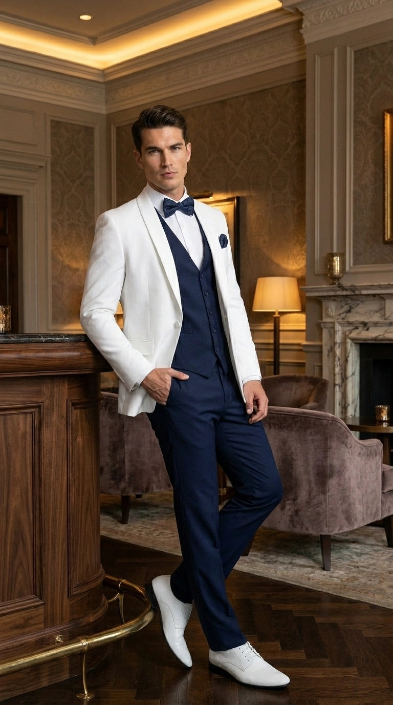 Men’s White and Navy blue tuxedo  3 Piece Suit – Classic White Blazer with Navy Vest and Pants for Wedding, Party + Bowtie