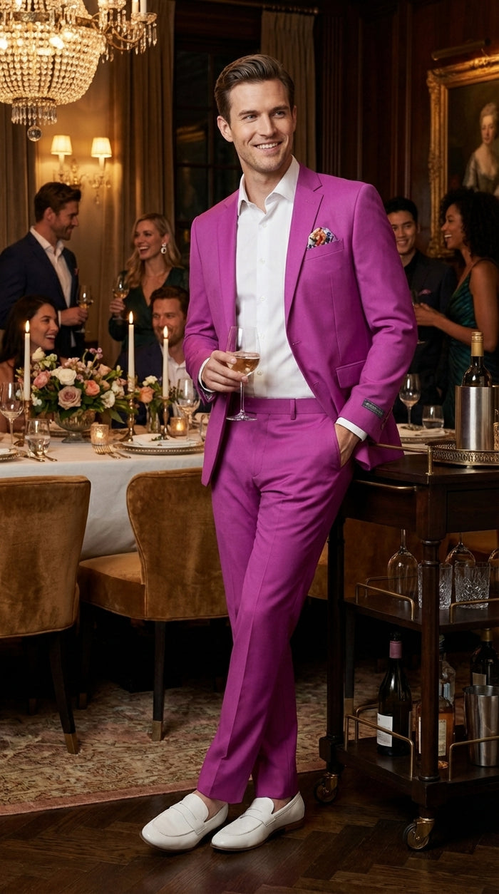 Mens Fuchsia 2 Piece Suit – Bright Pink Formal Suit for Men Stylish Wedding Party Prom Suit Magento Color Modern Fit