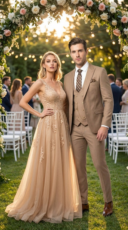 Men’s Rossiman Tan Suit with Gold Buttons, Peak Lapel Jacket and Double Breasted Vest Modern Fit