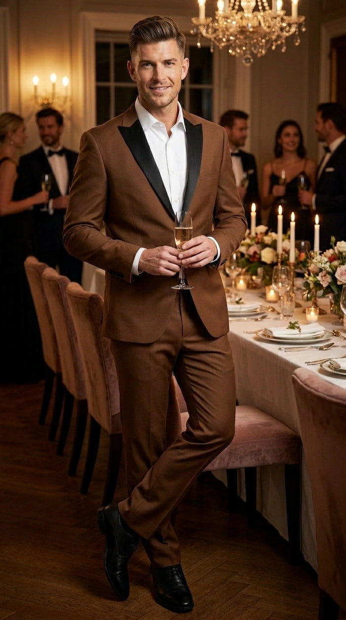 Men’s Light Brown Vested Piece Suit – Elegant Formal Suit with Contrast Lapel for Wedding, Party Modern Fit