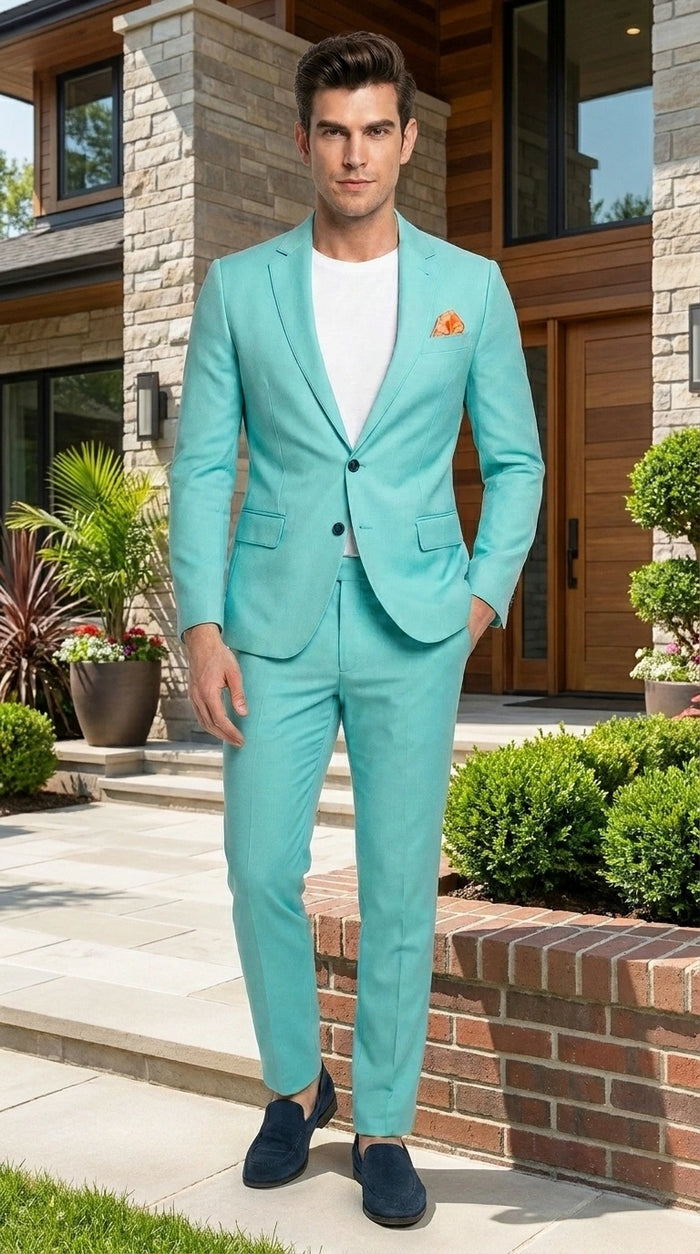 Men’s Turquoise 2 Piece Suit with Jacket and Pants, Formal Wedding Suit for Prom, Parties, Summer Events, and Special Occasions Modern Fit