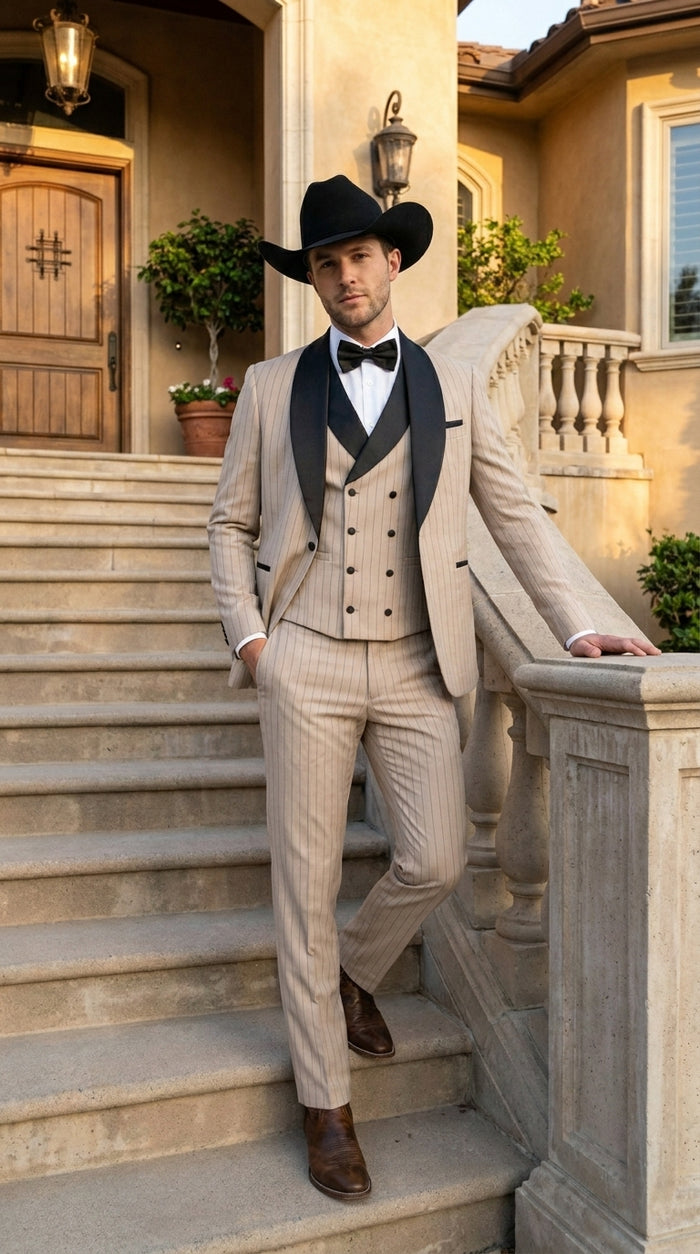 Men’s Beige Pinstripe Western 3 Piece Tuxedo Suit with Black Shawl Lapel, Formal Cowboy Wedding Prom Suit in Tan Khaki Color