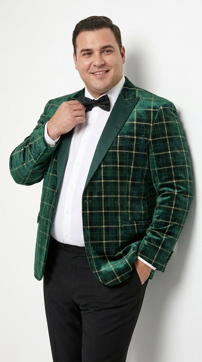 Men’s Green and Gold Plaid Christmas Holiday Blazer – Classic Check Party Jacket for New Year, Wedding and Festive New Year event