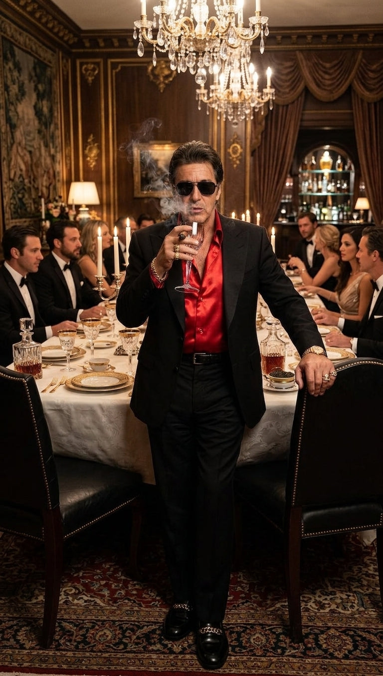 Tony Montana’s Black Blazer with Red Sateen Shirt – Men’s Black Formal Blazer and Red Satin Style Shirt Outfit for Party, Wedding and Vintage Wear