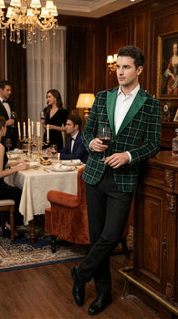 Mens Tartan Green and Gold Check Blazer – Windowpane Plaid Sport Coat Velvet Lapel Plaid Christmas Holiday New Year Jacket