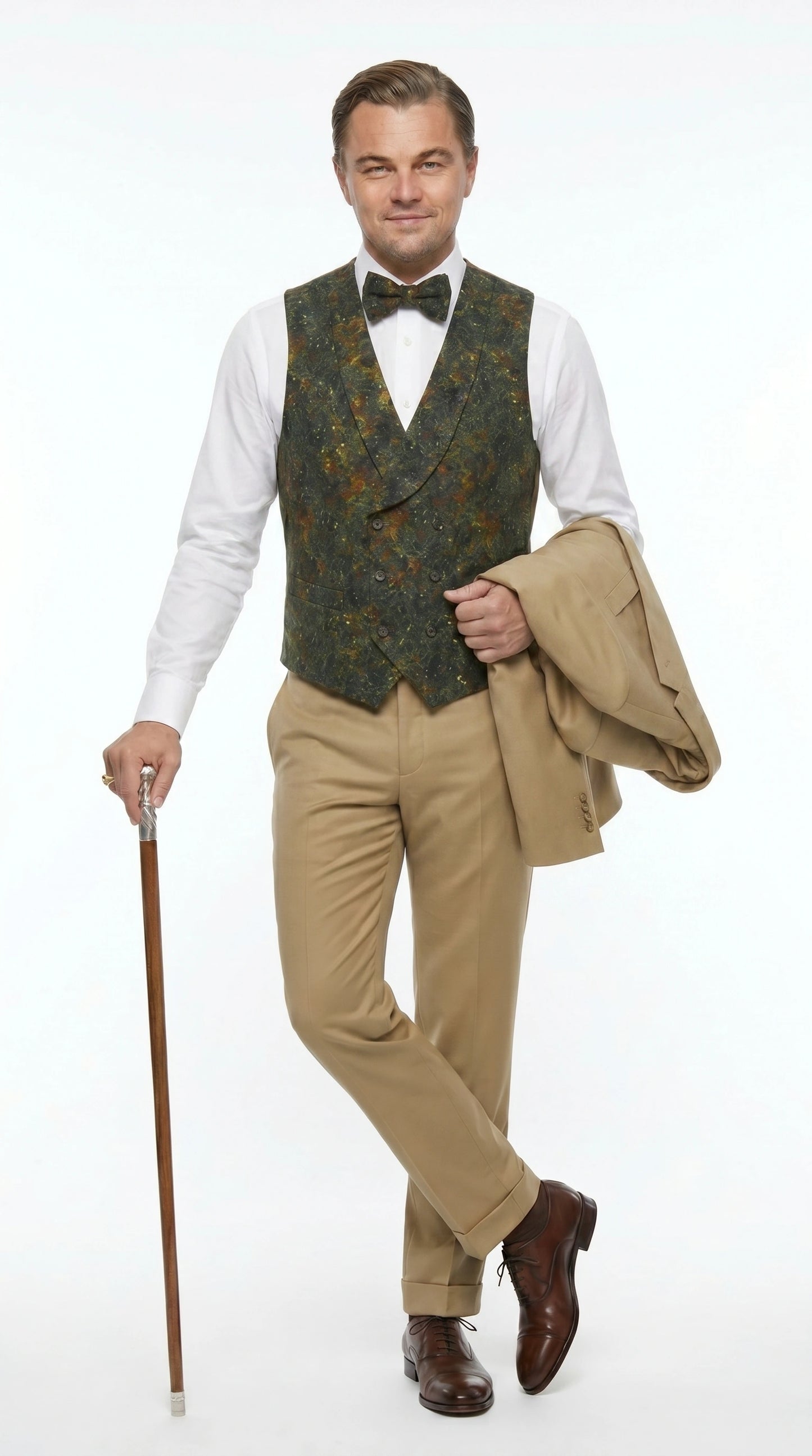 Men’s Khaki 3 Piece Suit with Patterned Vest, Great Gatsby Inspired Formal Suit for Weddings, Mardi Gra in Tan Camel Color Modern Fit