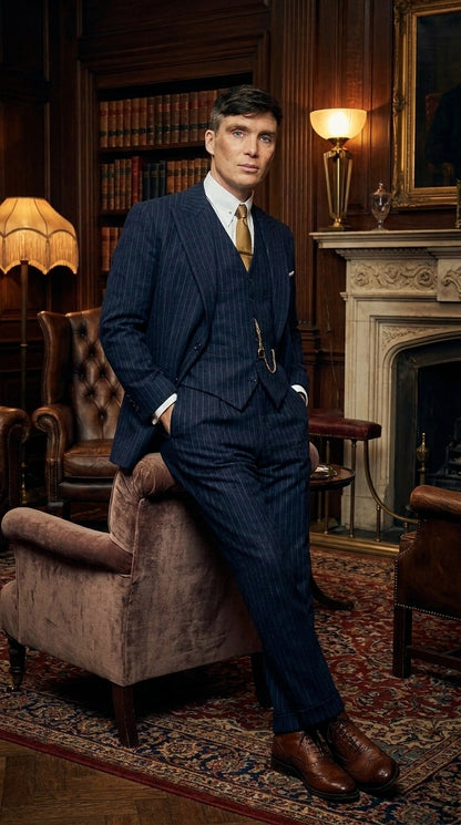 Men’s Navy Blue Pinstripe 3 Piece Suit, Thomas Shelby Inspired Vintage Formal Suit for Weddings, Parties, Prom, and Special Events Modern Fit