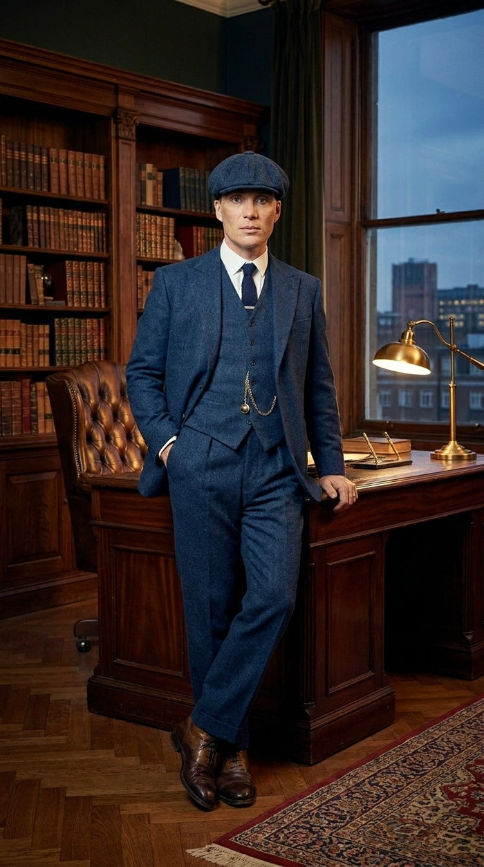 Men’s Blue 3 Piece Suit, Thomas Shelby Inspired Vintage Formal Suit Herringbone Tweed 1920s fabric Modern Fit