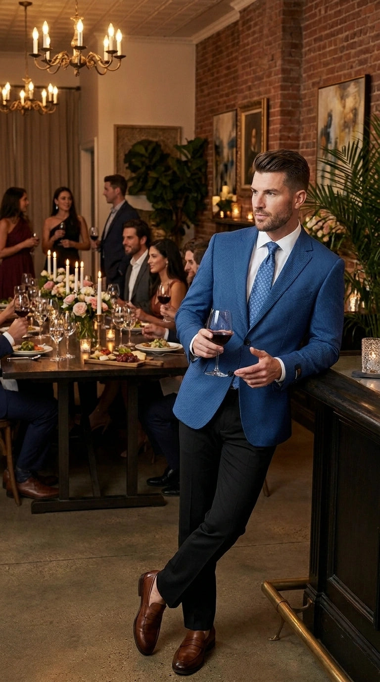 Men’s Blue Houndstooth Blazer Jacket, Check Pattern Formal Sport Coat for Weddings, Prom, Parties, and Special Occasions