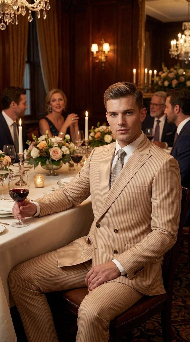 Vitali Men’s Tone on Tone Beige Pinstripe 2 Piece Suit, Double Breasted Summer Dress Suit for Weddings, Tan Beige Shadow Pinstripe Modern Fit